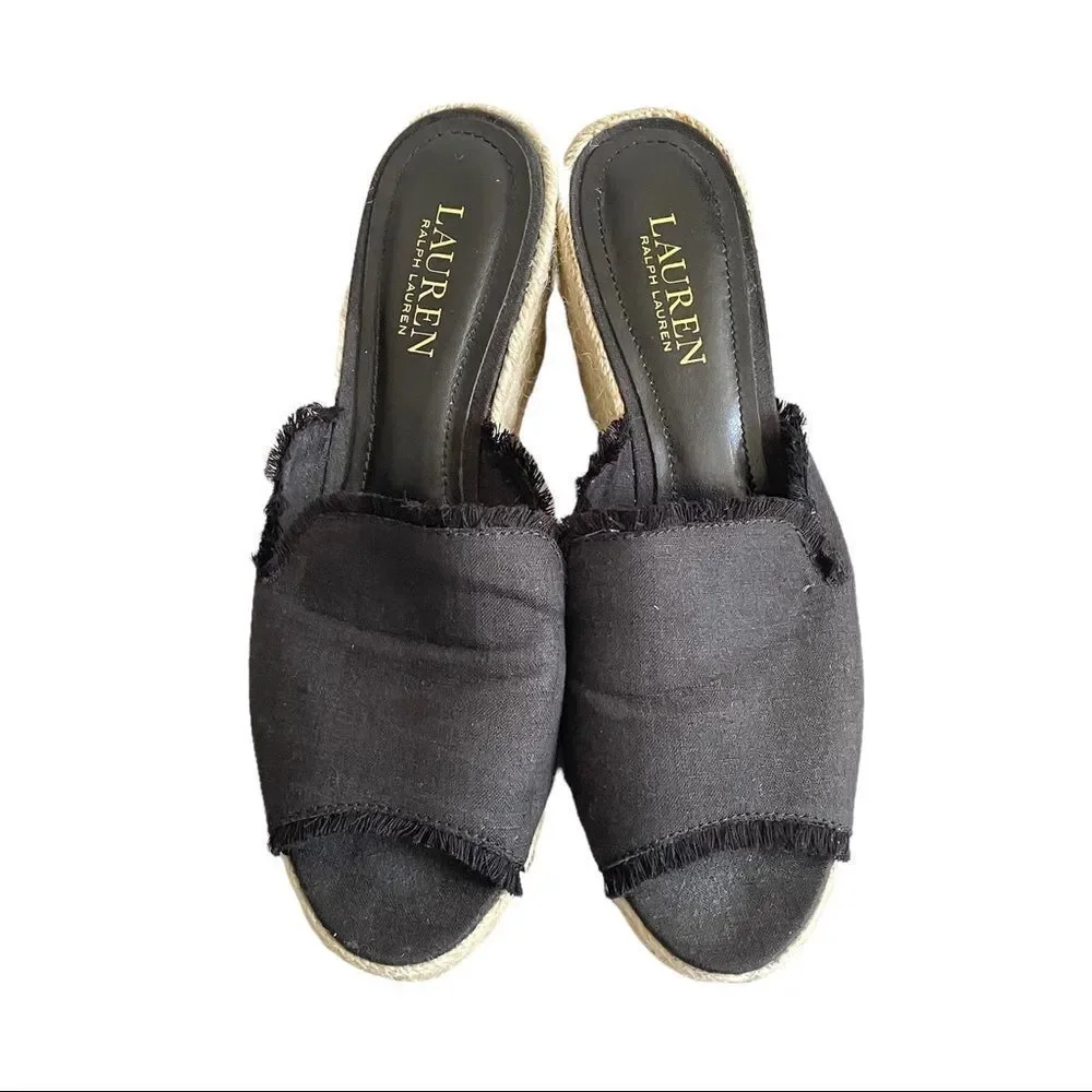 LAUREN RALPH LAUREN Black Linen Carlynda Wedge Espadrilles Sandals 8.5